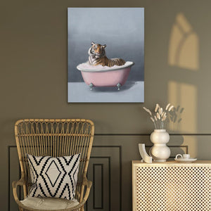 a cat sitting in a pink bath tub