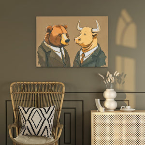 a painting of a bull and a bear wearing suits