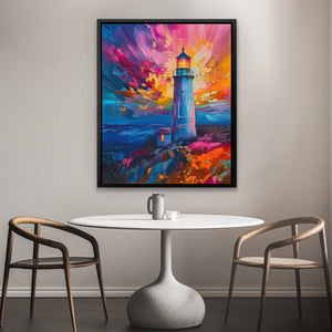 a painting of a lighthouse on a wall above a table