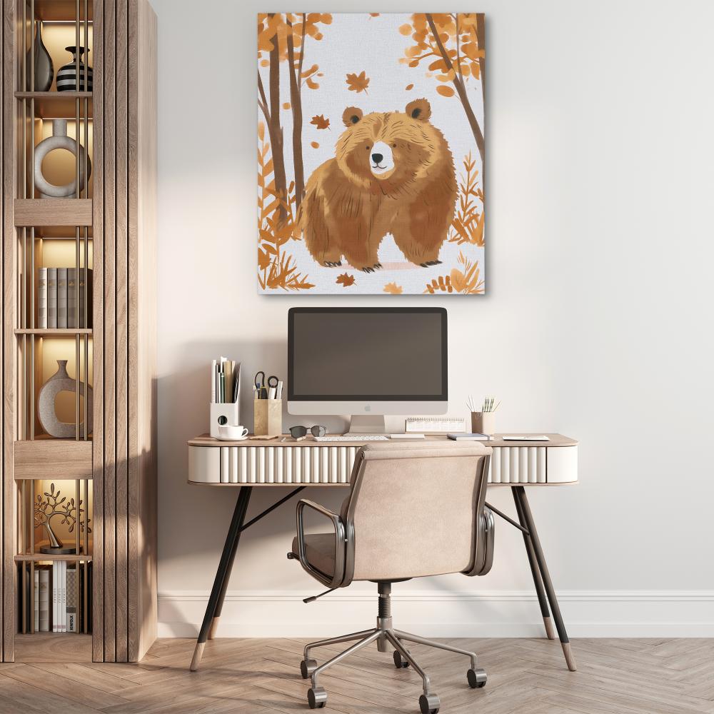 a painting of a brown bear in a forest