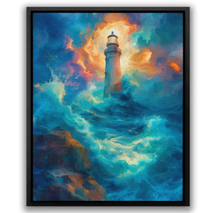 a painting of a lighthouse in the ocean