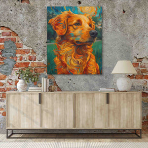 a painting of a golden retriever on a brick wall