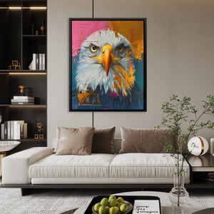 a living room with a white couch and a painting of an eagle