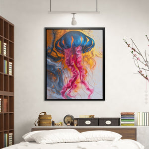 a painting of a jellyfish hangs above a bed