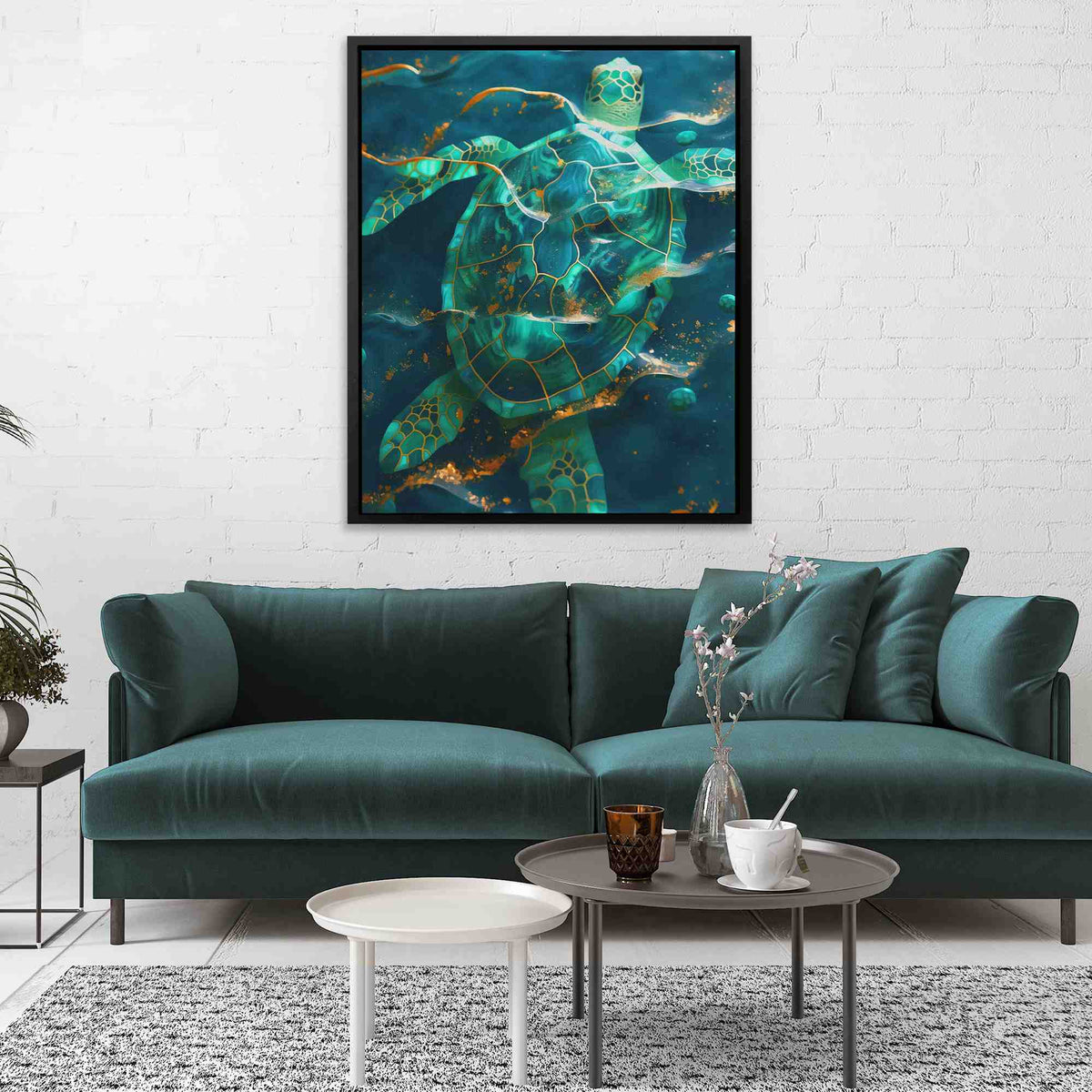 a living room with a couch and a painting on the wall