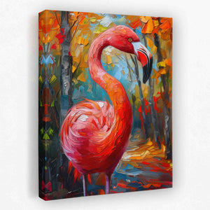 a painting of a pink flamingo in a forest