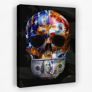 a skull with a dollar bill painted on it