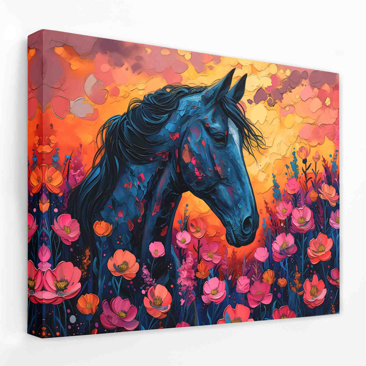 a painting of a horse in a field of flowers