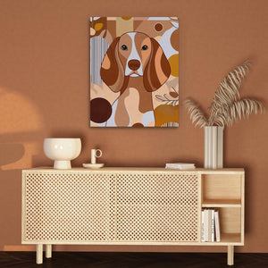 a painting of a dog on a brown wall