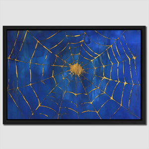 a painting of a spider web on a blue background