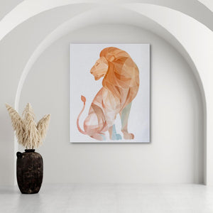 a picture of a lion on a wall next to a vase