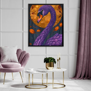 a living room with a purple chair and a painting on the wall