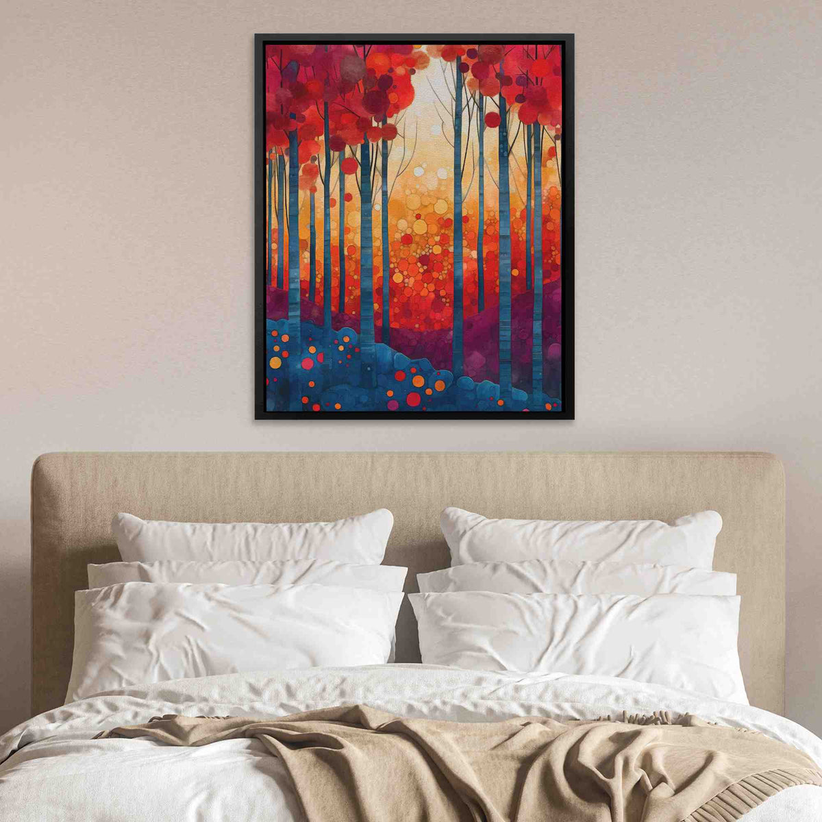 a painting on a wall above a bed
