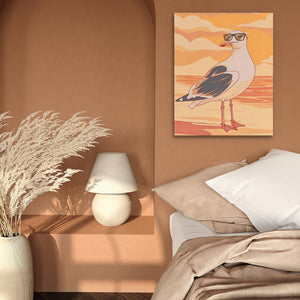 a bedroom with a seagull painting on the wall