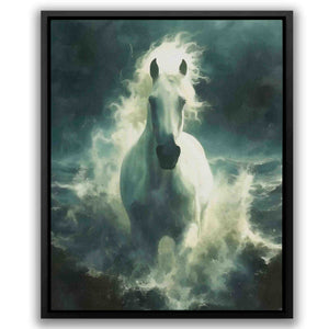 a painting of a white horse running in the ocean