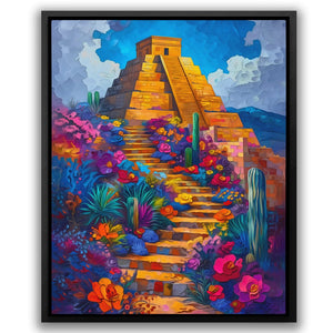 a painting of a stairway leading to a pyramid