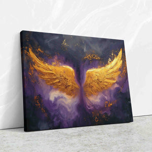 a painting of two gold wings on a purple background