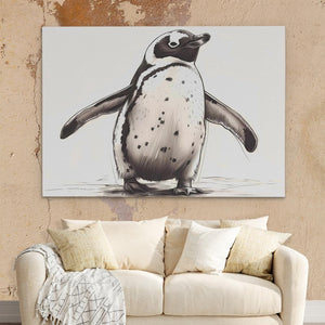 a living room with a couch and a painting of a penguin