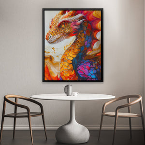 a painting of a dragon on a wall above a table