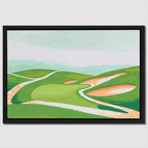 a painting of green hills and a road