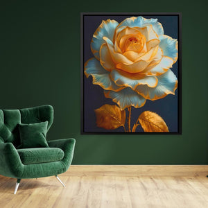 a painting of a yellow rose on a green wall