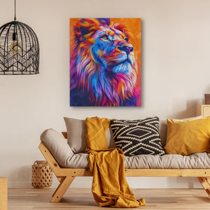 a painting of a lion on a wall above a couch