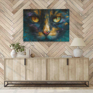 a painting of a cat's face on a wall