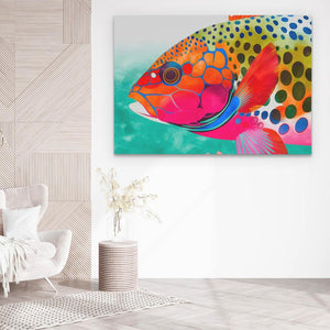 a painting of a colorful fish in a white room