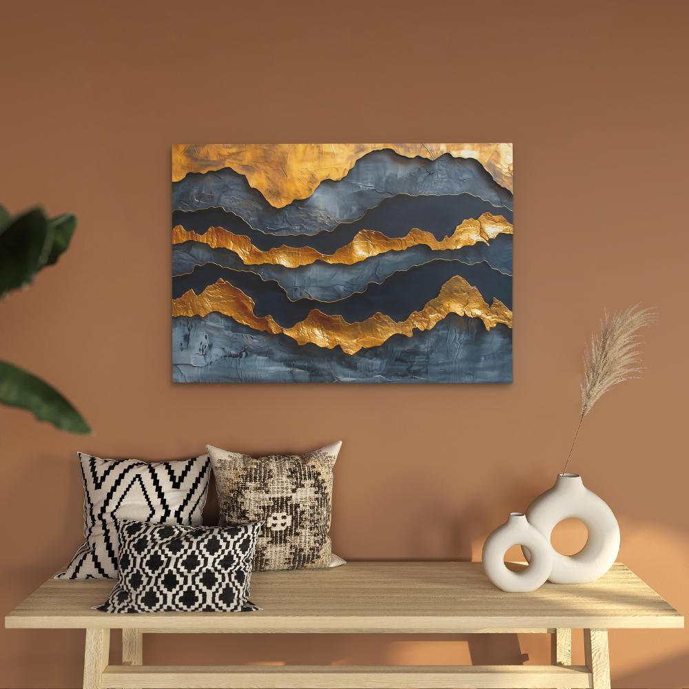 a painting on a wall with gold and blue colors