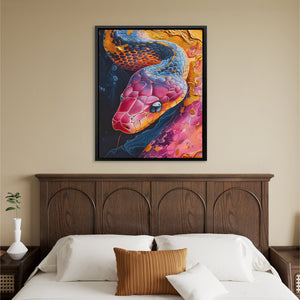 a painting of a snake on a wall above a bed