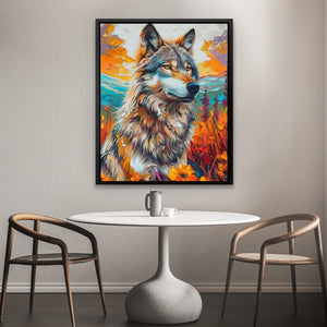 a painting of a wolf sitting on top of a table