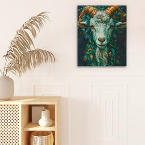 a painting of a ram with horns on a wall