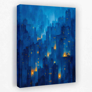 a painting of a city at night with lights on