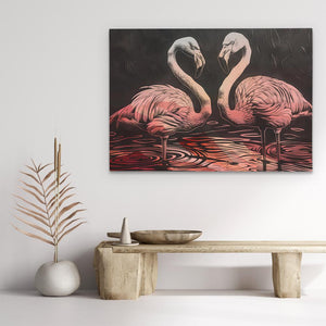 a painting of two flamingos on a white wall