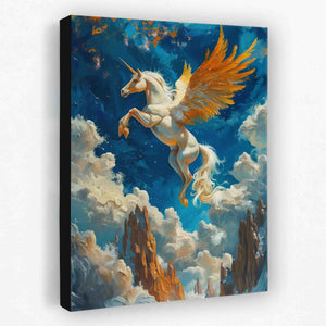 a painting of a white unicorn flying in the sky