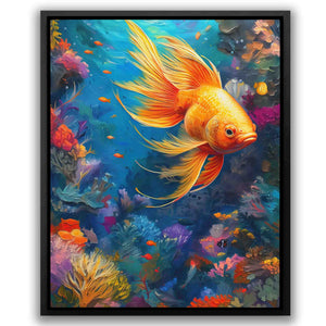 a painting of a goldfish on a blue background