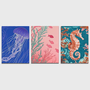 a group of three paintings of sea animals