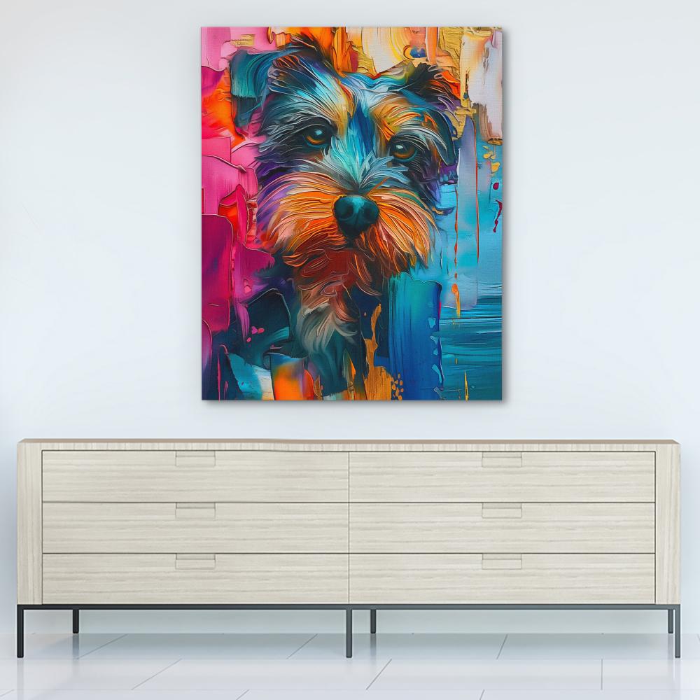 a colorful painting of a dog on a canvas