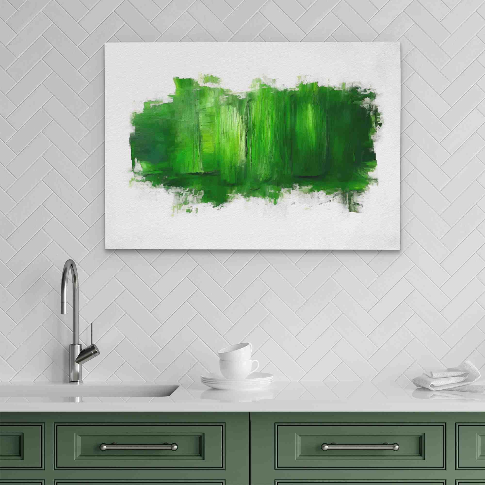 a painting on a white wall with green paint