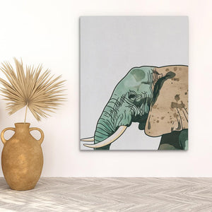 a painting of an elephant on a wall next to a vase