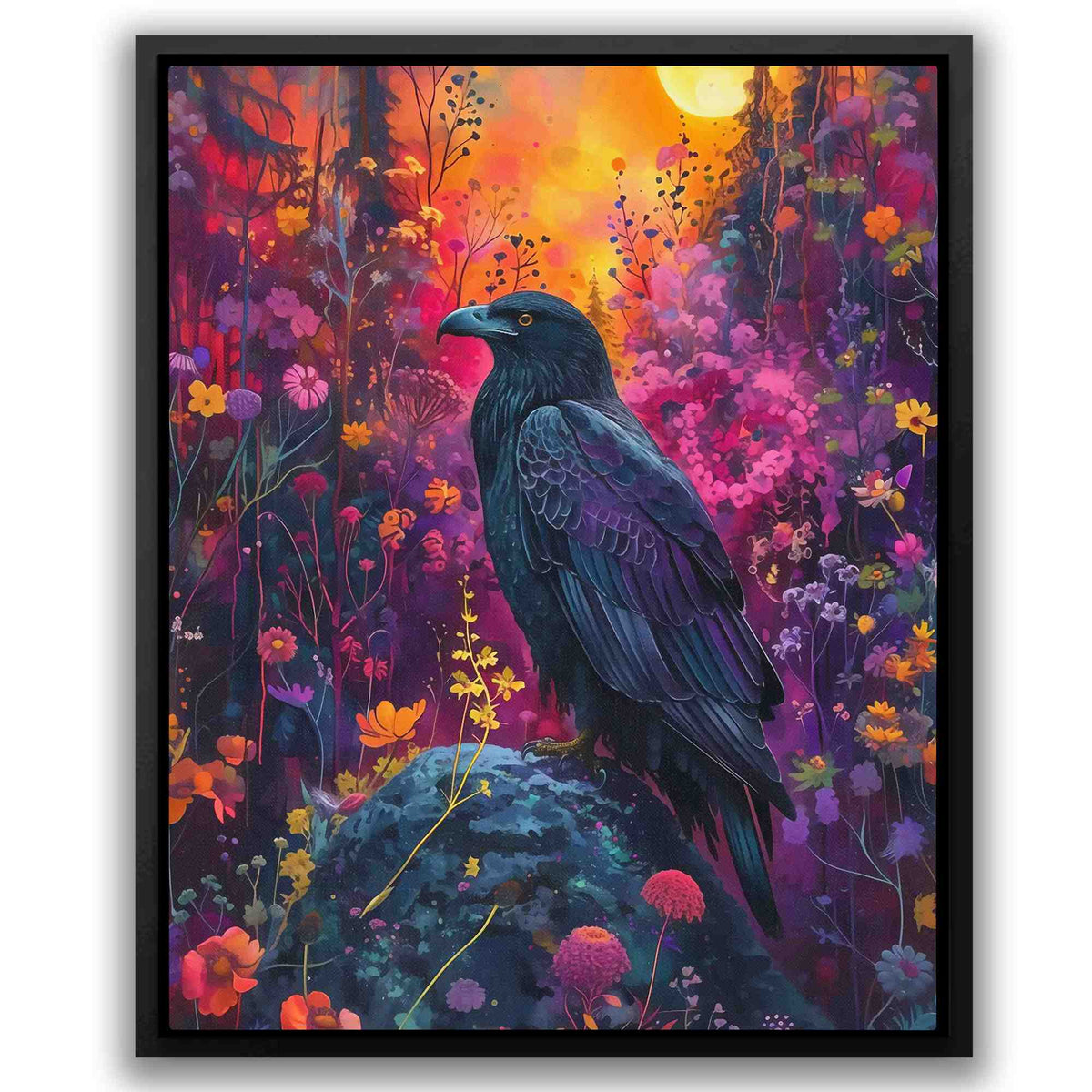 a painting of a black bird sitting on a rock