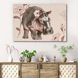 a painting of a hippo on a wall above a dresser