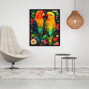 a painting of two parrots in a tropical setting