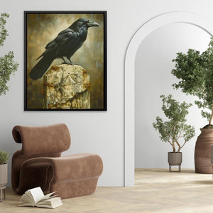 a painting of a black bird sitting on a rock