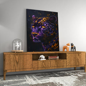 a painting of a leopard on a wall above a wooden cabinet