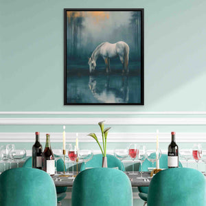 a painting of a white horse is hanging above a dining room table