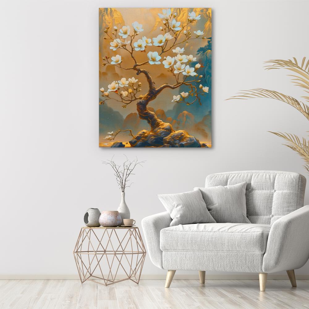 a painting of a tree with white flowers