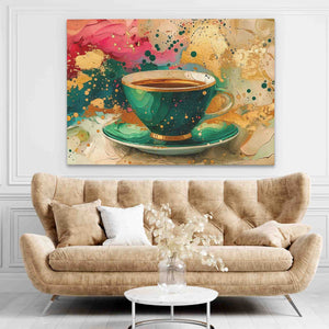 a painting of a cup of coffee on a couch