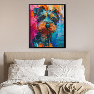 a painting of a dog on a wall above a bed