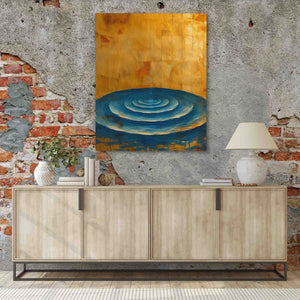 a painting hanging on a wall above a sideboard